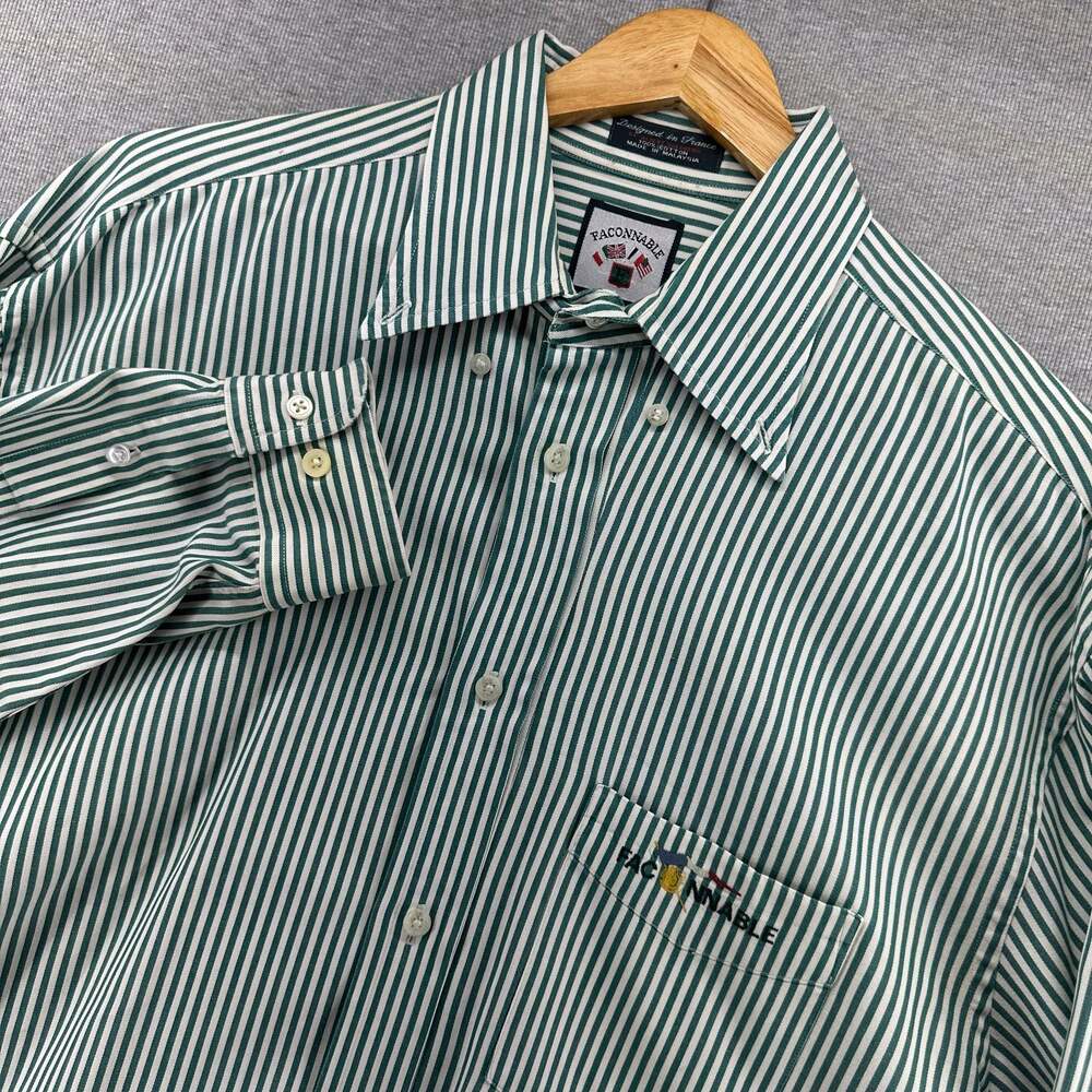 Vintage Faconnable Green Striped Long Sleeve Button Down Shirt Big Logo Size M